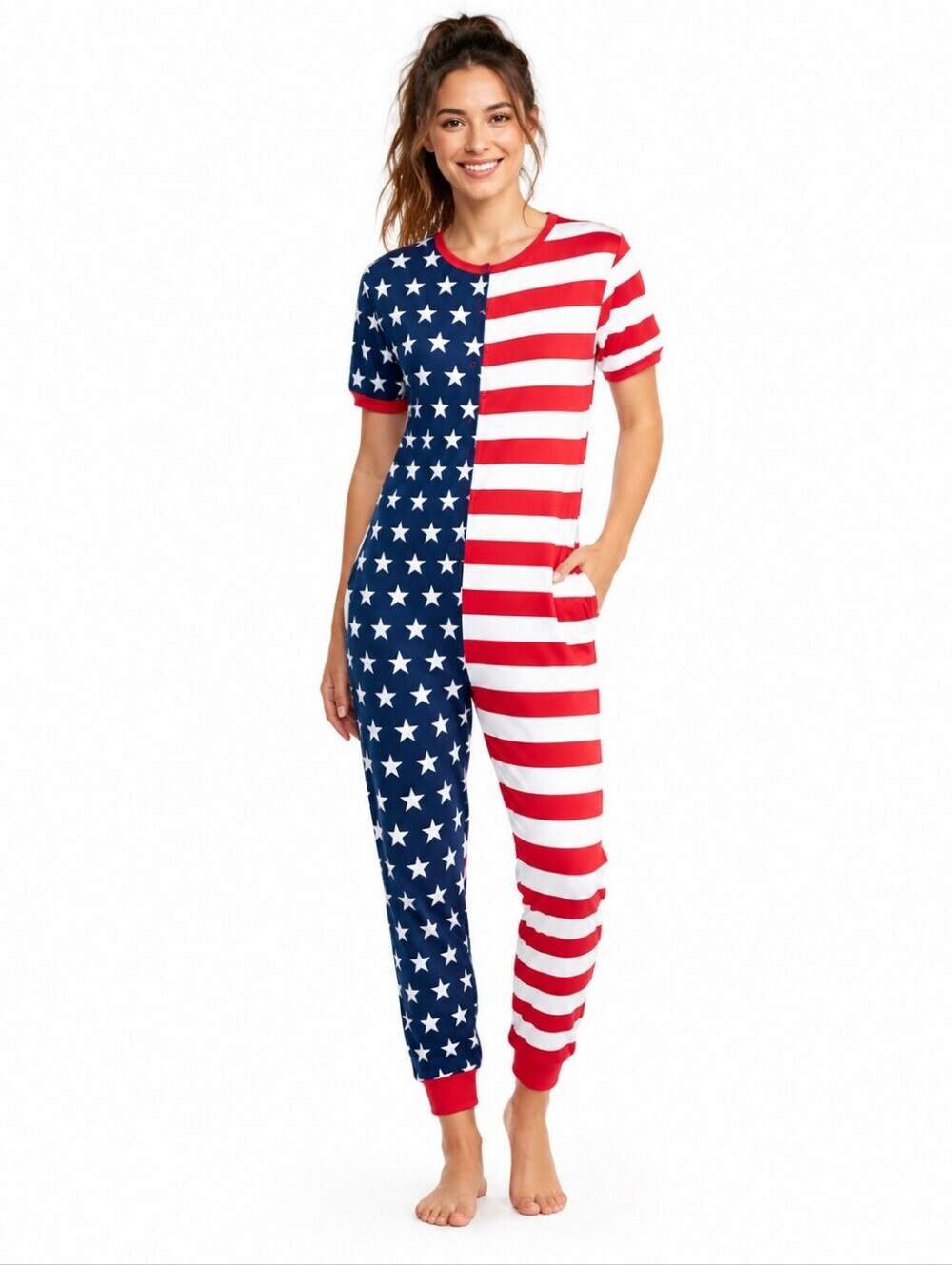 America USA Red White Blue Snooze  Cotton Zipper Onesie Pajama Bodysuit Medium